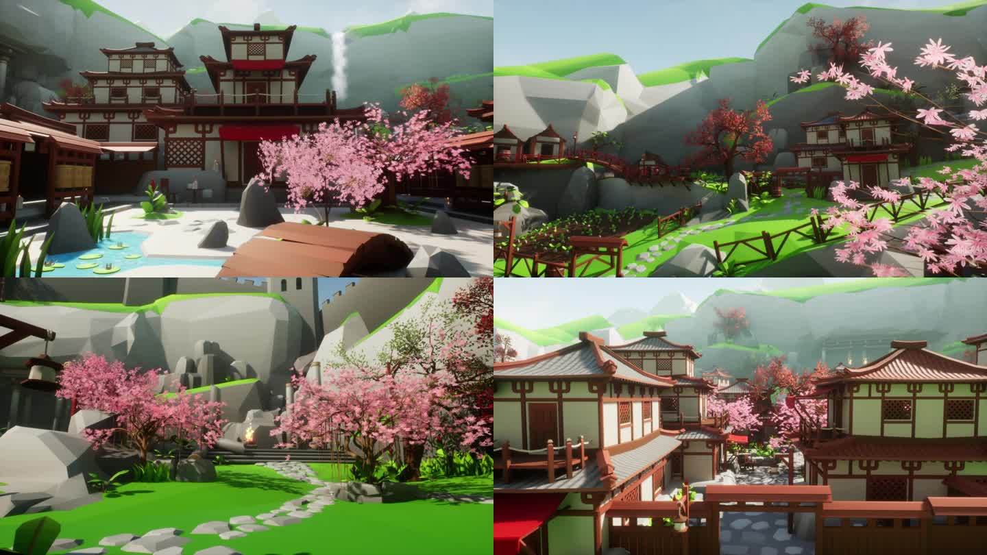 日本国风建筑风格村庄卡通世界三维场景2