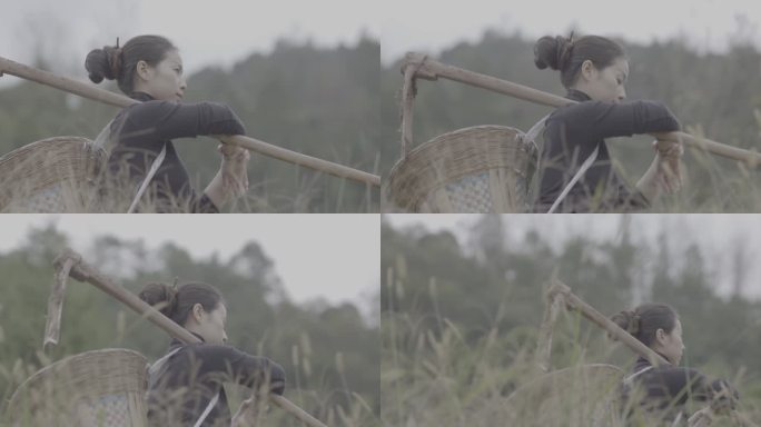 【4K灰度】农村女子出门干农活