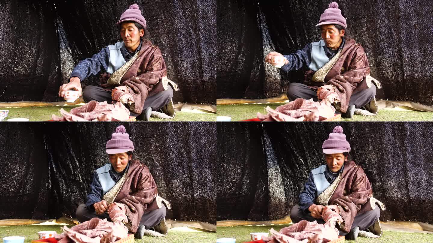 高原牧民生活环境 藏族男子 吃肉