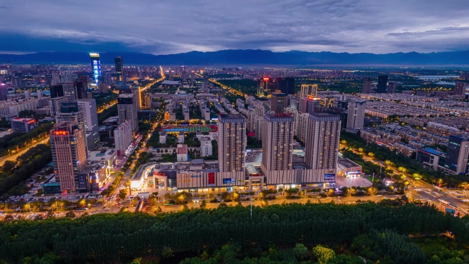 银川金凤万达广场夜景城市航拍延时宁夏银行