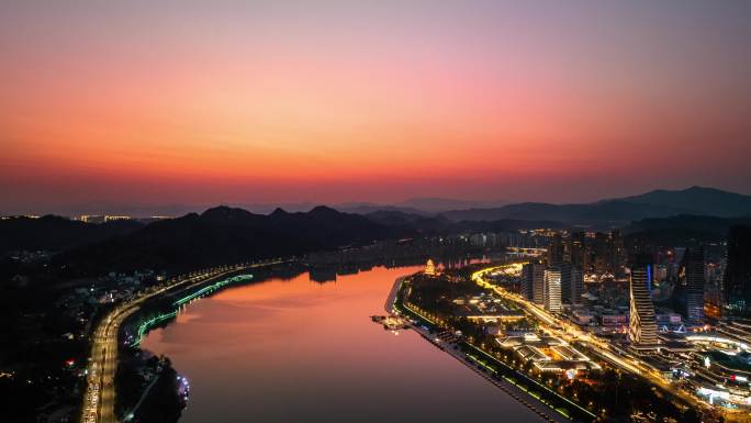 4k丽水防洪坝瓯江夜景晚霞