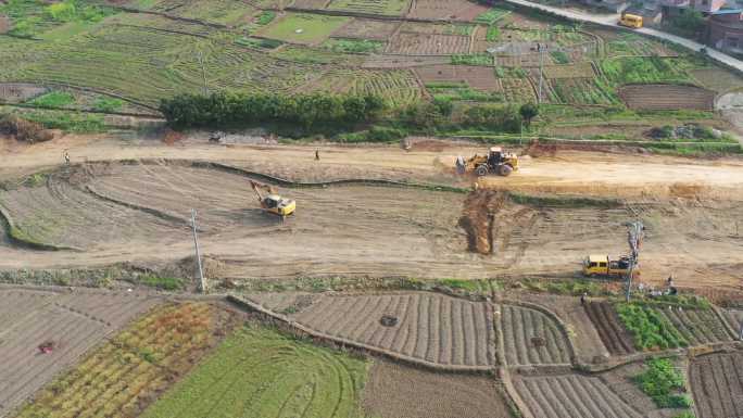 航拍乡村道路施工大景