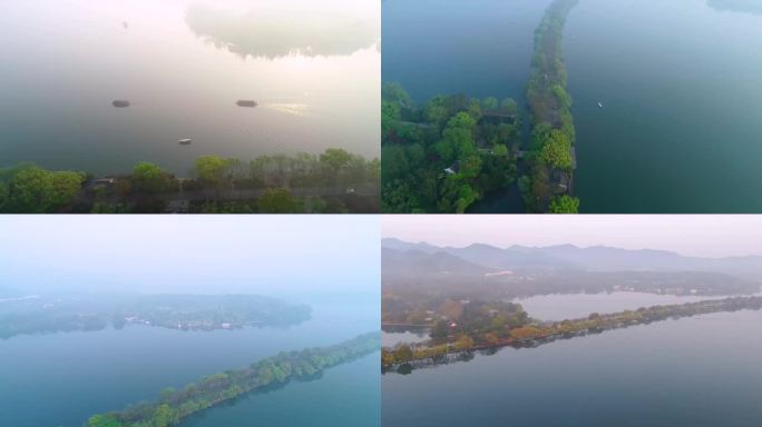 4K航拍杭州西湖早晨梦幻雾景视频合集