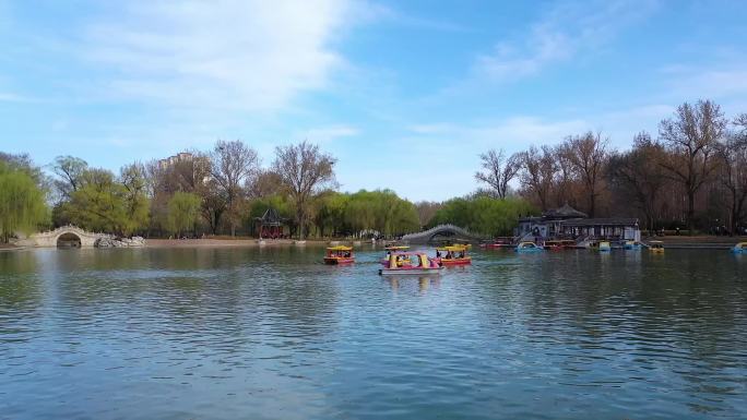 城市公园湖面游玩划船航拍