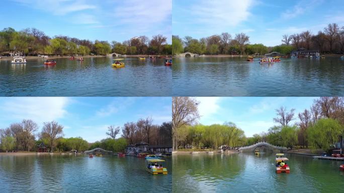城市公园湖面游玩划船航拍