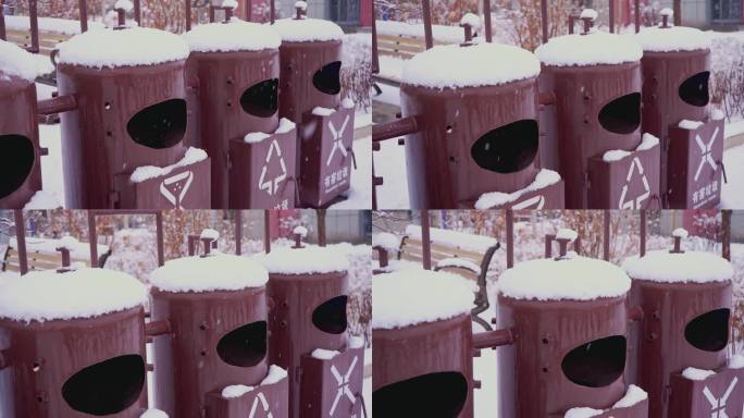 4K冬季唯美悲凉垃圾桶被雪覆盖升格空镜头