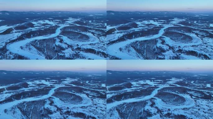 航拍4K冬季林海雪原河湾暮色