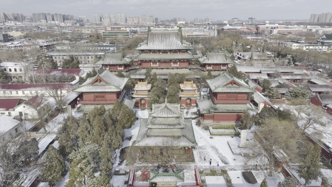 航拍雪后正定大佛寺 隆兴寺