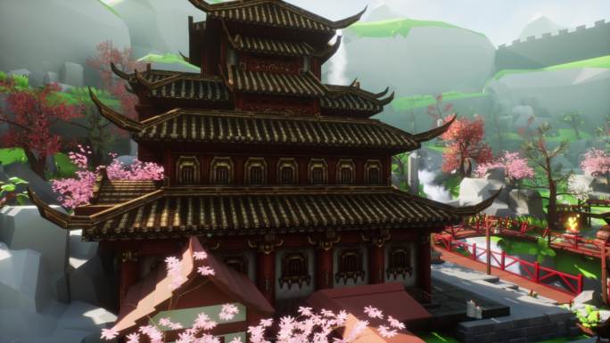 中国风古风建筑游戏场景樱花三维卡通背景