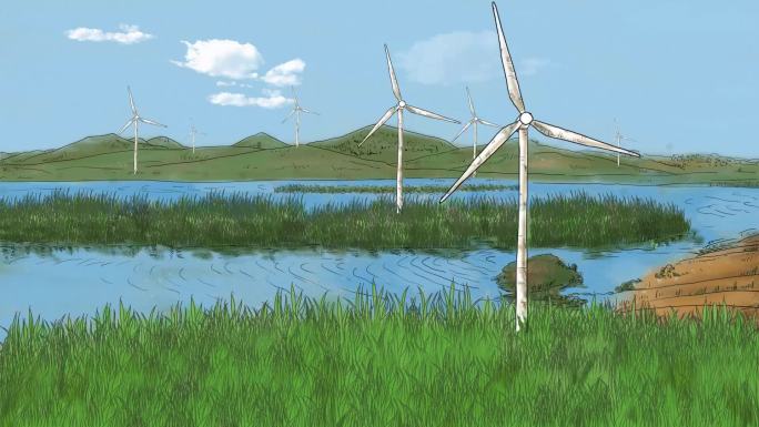 手绘动画手推风车绿色能源的环保镜头