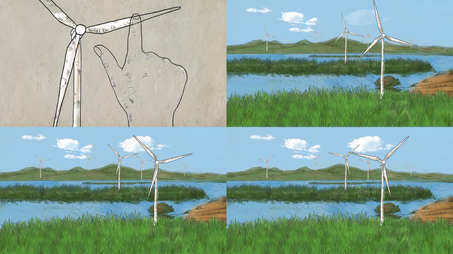 手绘动画手推风车绿色能源的环保镜头