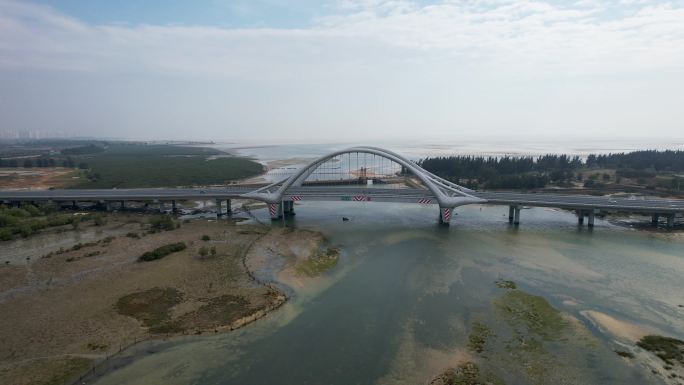 北海冯家江大桥冬季滨海风光航拍