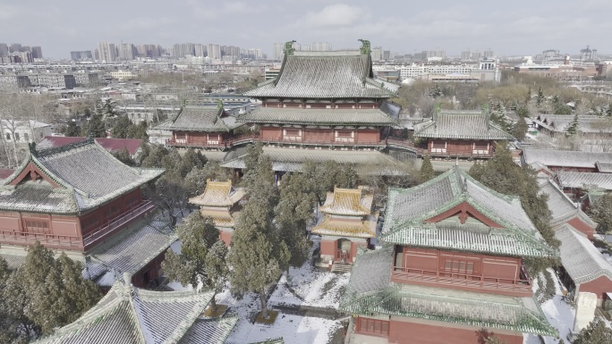 航拍雪后正定大佛寺 隆兴寺