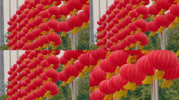 实拍一排排迎风摆动的红灯笼