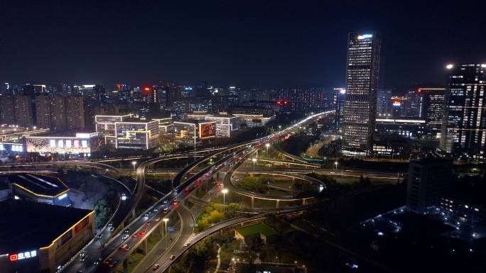 航拍杭州滨江城市道路夜景