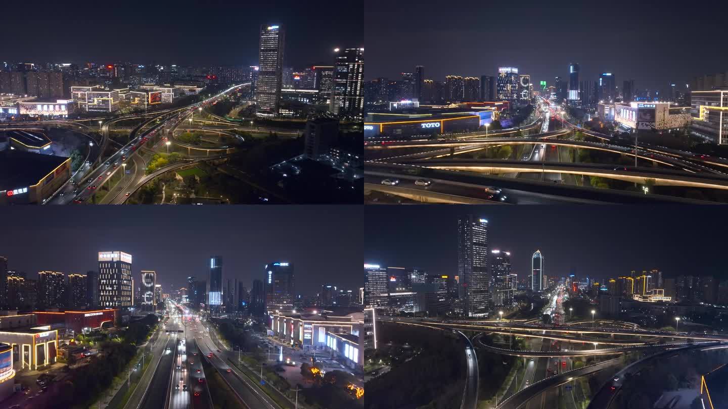 航拍杭州滨江城市道路夜景