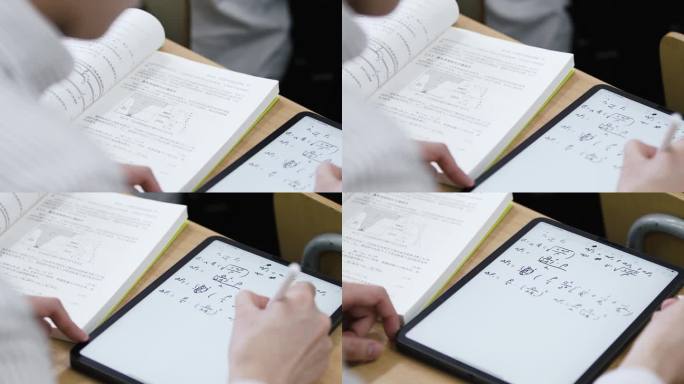 当代大学生在课堂上用平板记笔记手写板现代