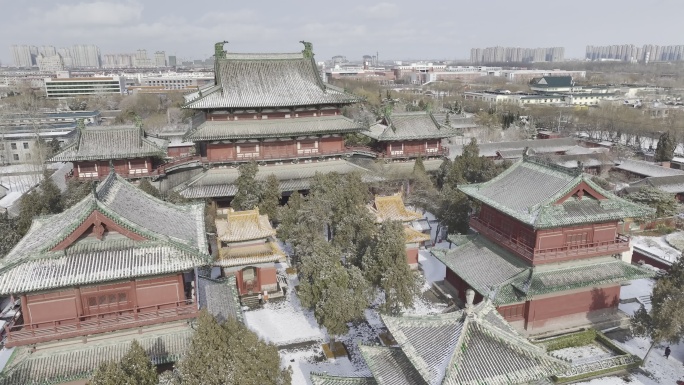 航拍雪后正定大佛寺 隆兴寺