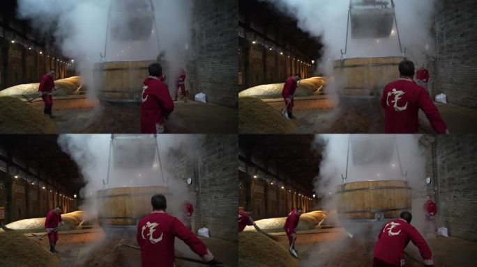 抓斗放蒸馏酒糟酿酒工翻沙