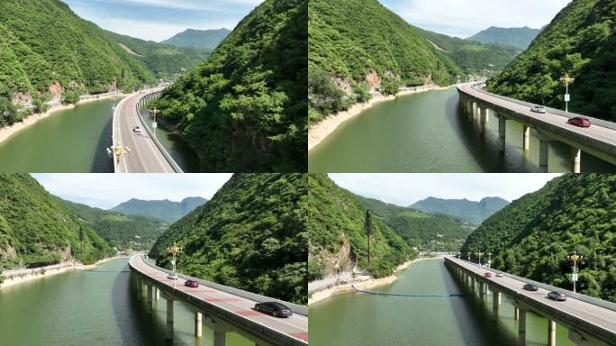 航拍村落大桥青山绿水风景跟拍车辆 山景