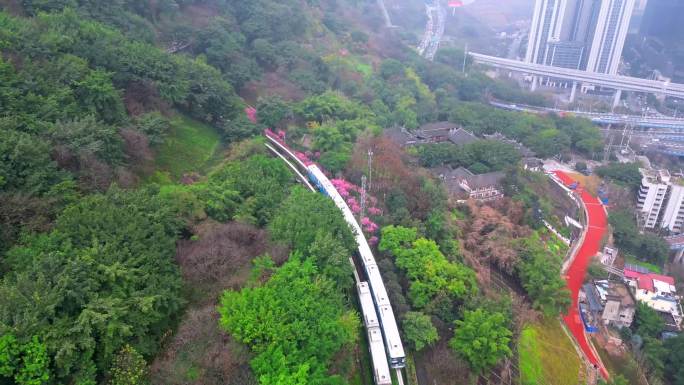 重庆佛图关开往春天的列车航拍2023年
