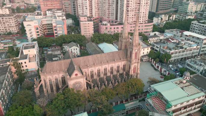 4K航拍广州景点石室圣心大教堂哥特式建筑
