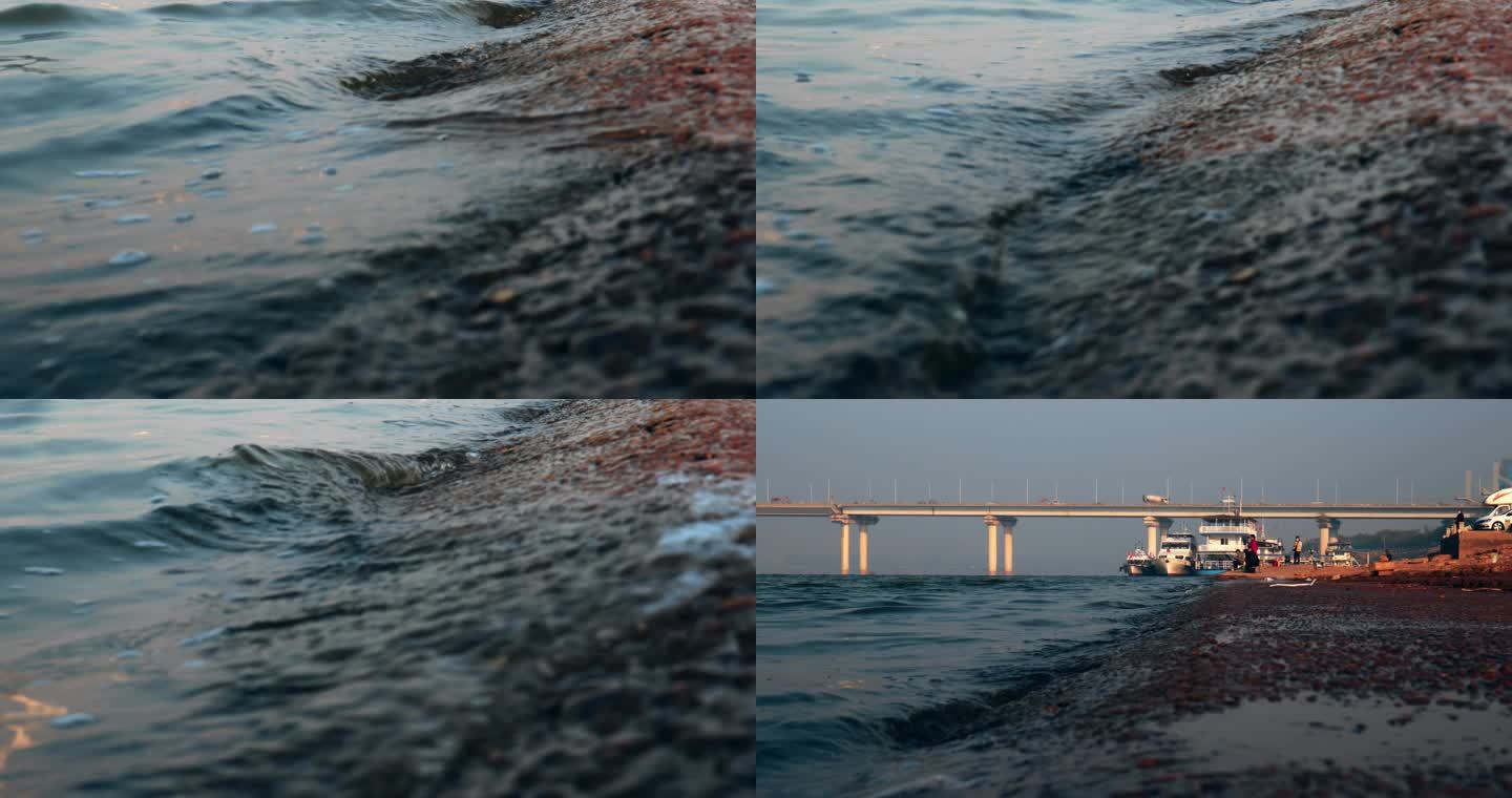 4k湘江浪花拍打岸边