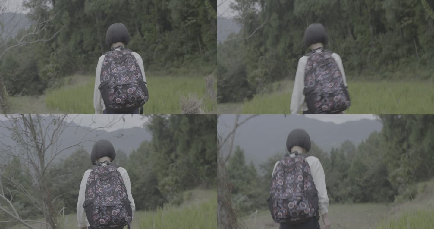 【4K灰度】山区女子背包出行背影
