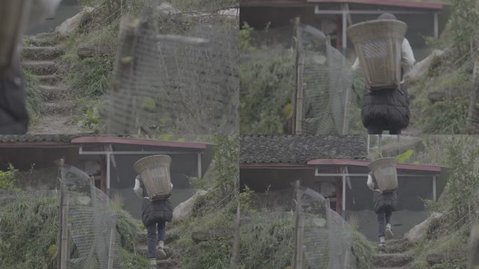 【4K灰度】山区留守女孩干活背影