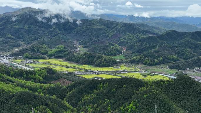 航拍浙江诸暨东白湖山区油菜花春天电塔电网