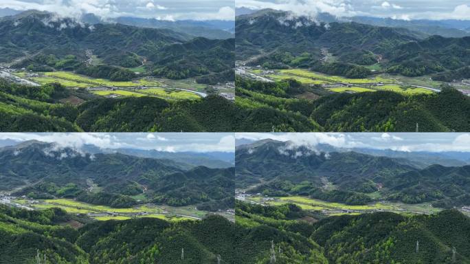 航拍浙江诸暨东白湖山区油菜花春天电塔电网