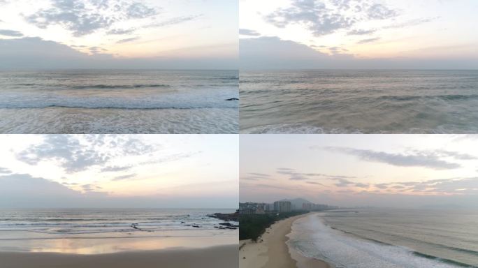 原创海边日出黎明宁静沙滩海浪航拍飞向大海