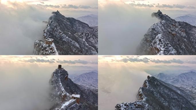 下雪后航拍司马台云雾缭绕中看望京楼仙女楼