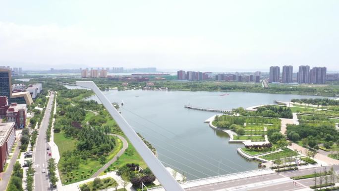 航拍高清素材青岛高新区水系绿化景观城市