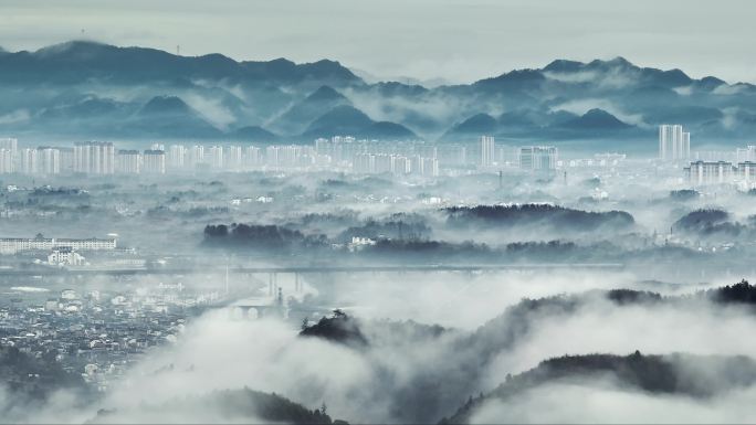 航拍黄山歙县雨后云海