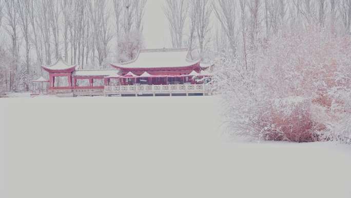 4K冬季下雪古建筑亭子唯美空镜头