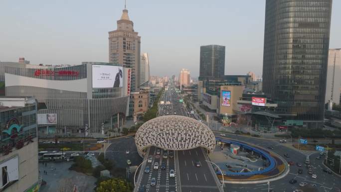 4k航拍上海杨浦五角场城市交通商业中心