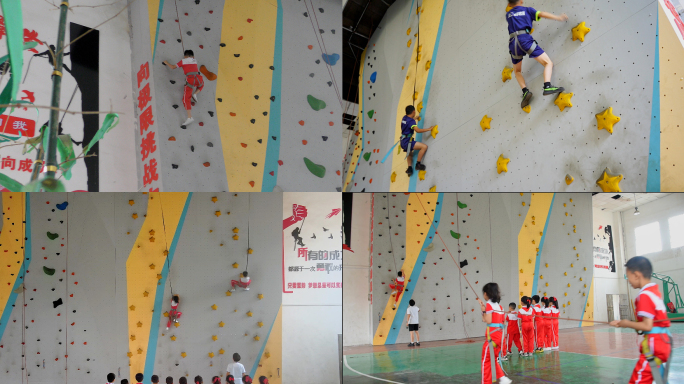 实拍小学生室内攀岩训练活动极限运动比赛