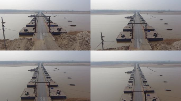 航拍黄河低水位时期浮桥大型浮桥4K航拍5