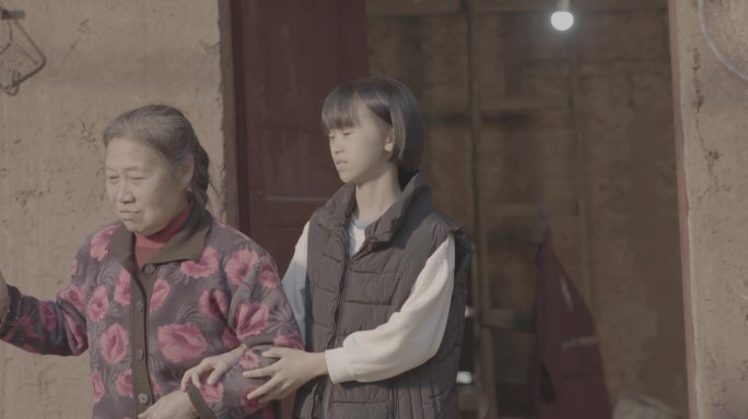 【4K灰度】农村孩子孝顺老人扶着婆婆