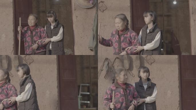 【4K灰度】农村孩子孝顺老人扶着婆婆