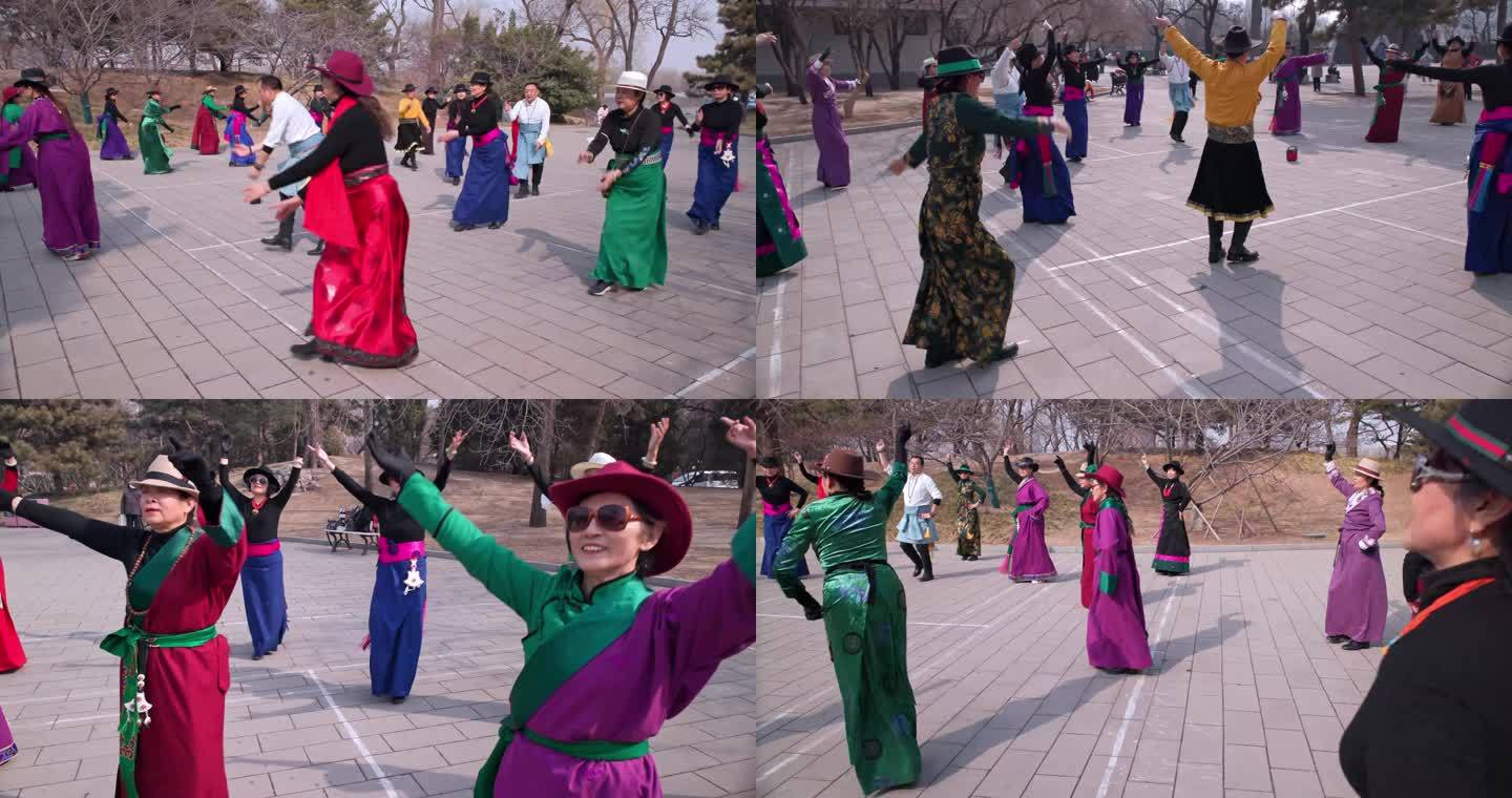 公园里学习排练藏族舞蹈的老人们