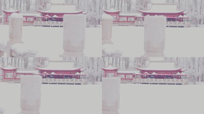 4K冬季下雪古建筑亭子透过桥墩唯美空镜头