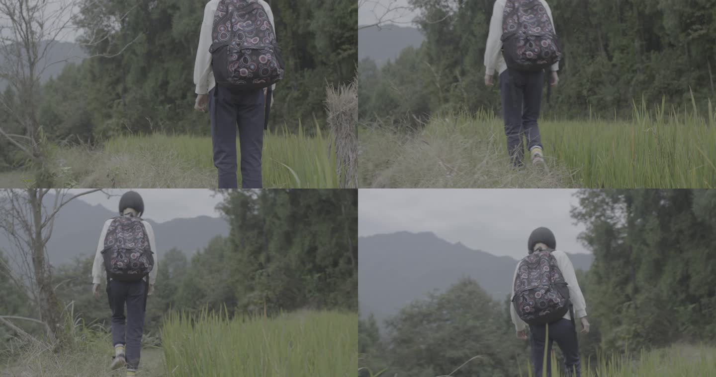 【4K灰度】乡村女青年背包出行背影