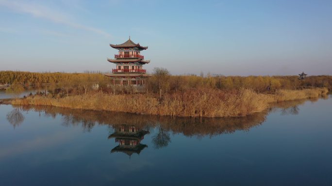 深秋酒泉天马湖景区古塔楼