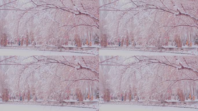 4K冬季下雪江中古建筑亭子升格唯美空镜头