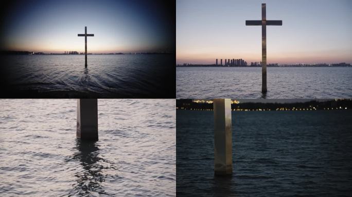 城市前水中的十字架以及各部位特写
