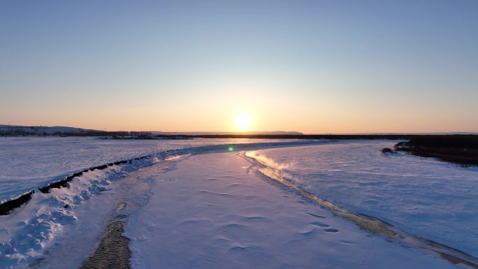 4K冬季雪原冰河迷雾夕照