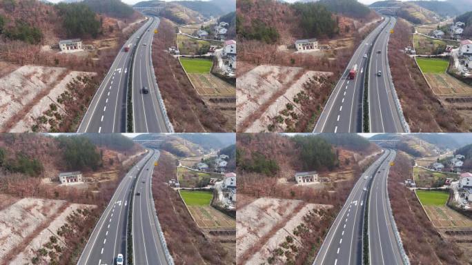 航拍秦岭大山中的高速公路