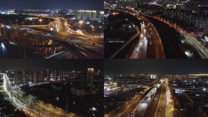 航拍城市夜晚 -青岛夜景-夜晚车流